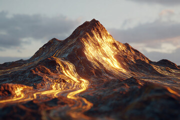 A surreal mountain with liquid metal streams