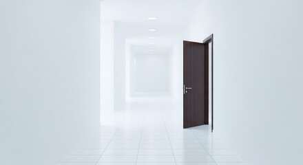 Open doorway beckons into bright, modern hallway symbolizing opportunity and future