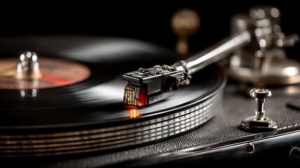 Closeup of Vintage Record Player with Vinyl LP with Retro Music, and Black Background.