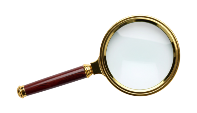 Classic magnifying glass with wooden handle on transparent background