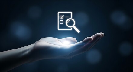 A glowing checklist icon with a magnifying glass hovers above a hand, representing audit and inspection