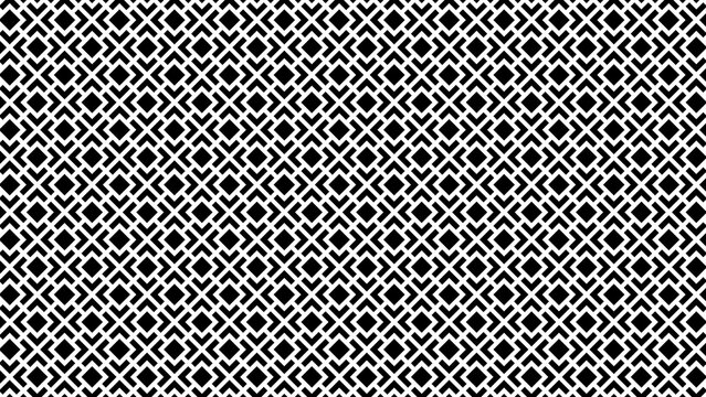 Regular arrangement of black diamond-shaped and cross-shaped polygons, separated by thick white lines, creates a rhythmic and symmetrical geometric contrast effect.