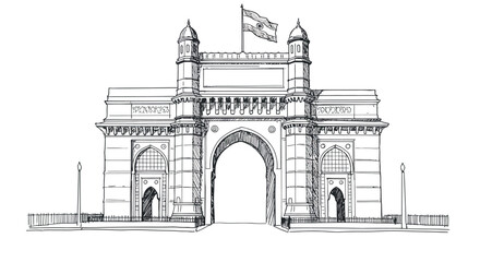 Hand-drawn gateway of india with flag in black and white line art style