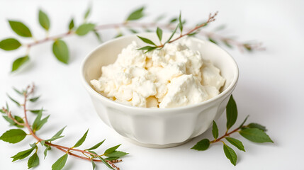 white porcelain  bowl with cottage cheese isolated on a white background