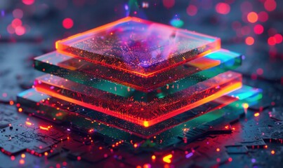 Abstract layers of glowing squares representing data and digital technology