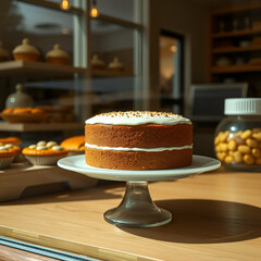 give me a hyper realist stock photo of a cake on a plate in the window of a bakery