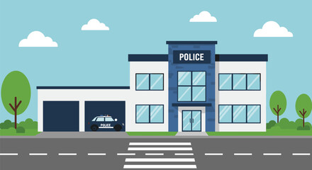 Modern police station building with patrol car in garage, law enforcement headquarters, public safety and security, urban infrastructure, emergency services, government institution illustration. © Masum Creatives