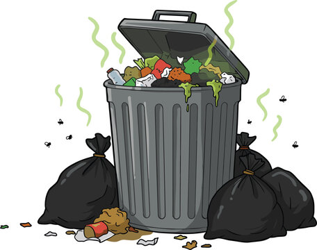Overfilled stinky garbage can with flies and overflowing trash bags, unpleasant odor, waste management problem, environmental pollution, disgusting scene, public health concern.