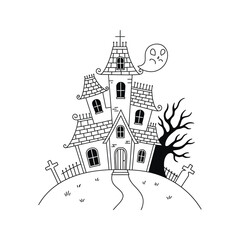 Fototapeta premium Cute Halloween Haunted House Illustration Spooky Mansion with Ghost Graveyard and Tree