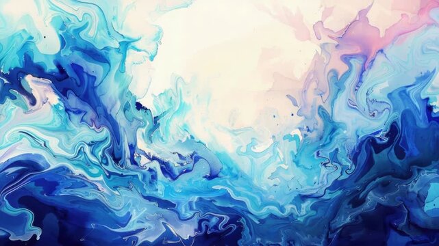 A vibrant abstract painting featuring blue and pink hues