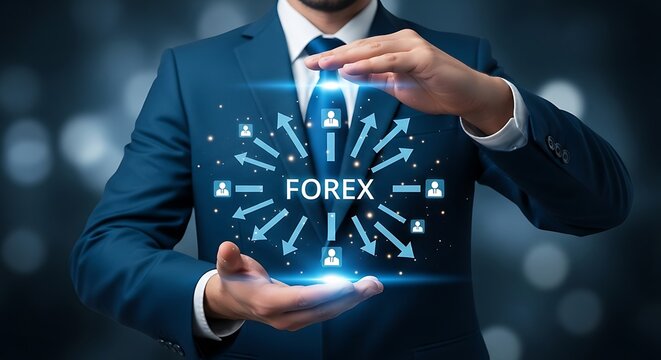 A businessman presents a glowing forex concept with arrows and global connections in finance - Powered by Adobe