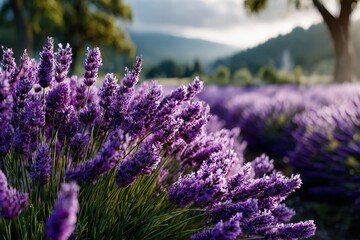Obraz premium Beautiful lavender field under cloudy sky in the countryside with rolling hills in the background
