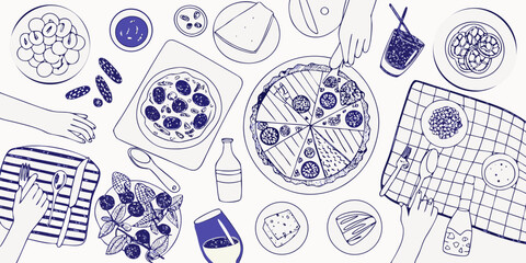 Overhead view of a delicious pizza party with friends and family enjoying food