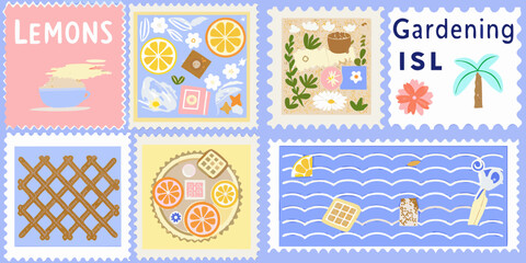 Fototapeta premium Collection of six illustrated postage stamps with various themes including lemons gardening and food