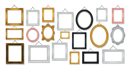 Variety of blank picture frames in different shapes and styles