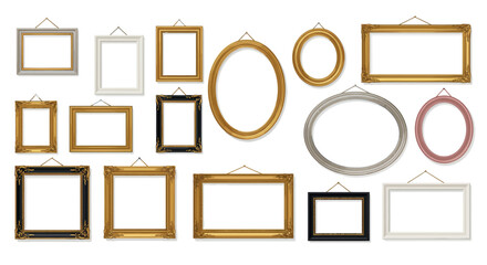 Collection of golden and white ornate picture frames in various shapes and sizes