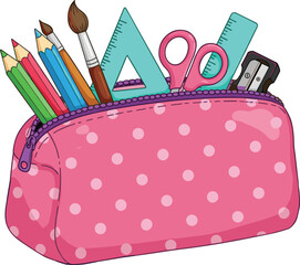 Pink polka dot pencil case filled with colorful school supplies, stationery items for art and learning, back to school essentials, creativity and education tools.