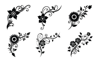 Floral Corner Ornaments Collection in Silhouette Style on White Background silhouette