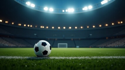 Soccer Ball on Stadium Pitch under Floodlights &ndash; Night Game Atmosphere