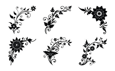 Elegant Floral Corner Ornaments in Black Silhouette Style