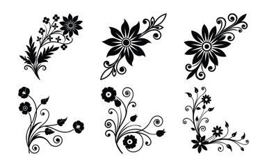 Floral Corner Ornaments Set in Black Silhouette Style