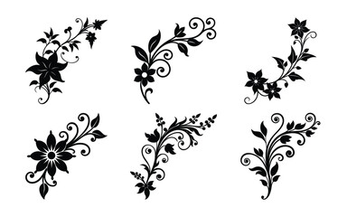 Fototapeta premium Floral Corner Design Elements Set in Black Silhouette Style