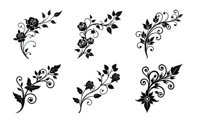 Fototapeta premium Elegant Floral Corner Ornaments Black Silhouette on White Background