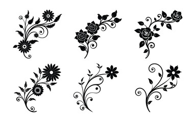 Floral Ornament Vector Set with Roses and Daisies Silhouette