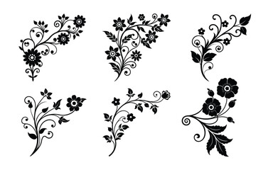 Floral Corner Design Elements in Black and White Silhouette