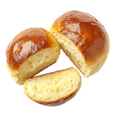 Golden-brown buns with a glossy finish, one sliced to reveal soft interior