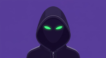 Dark silhouette of an anonymous hacker in a hoodie with glowing green eyes. Cybersecurity and digital threat concept.