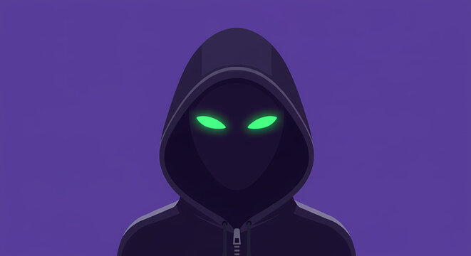 Dark silhouette of an anonymous hacker in a hoodie with glowing green eyes. Cybersecurity and digital threat concept.