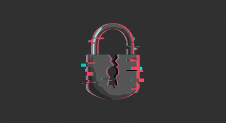 Obraz premium Cracked padlock with a digital glitch effect symbolizing a cybersecurity breach and data vulnerability.