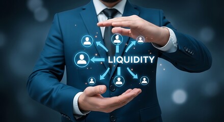 A businessman is holding a digital display of liquidity and people in his hands
