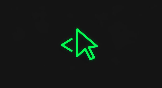 A minimalist neon green icon of a mouse cursor merged with code brackets, symbolizing programming and web development.