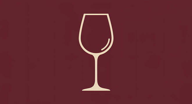 Elegant wine glass icon in a minimalist line art style on a burgundy background, a symbol for winery, bar, or tasting events.