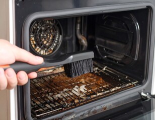 Cleaning a dirty oven.  A hand holds a brush, cleaning the interior of a home oven