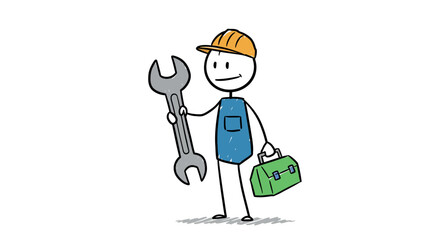 Stick figure holding wrench and toolbox with smiling face and hard hat