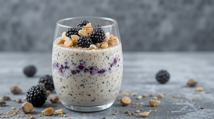 overnight oats with coconut milk, chia seeds, hazelnuts and blackberries in a glass on a gray background. healthy vegan breakfast. close-up. copy space.