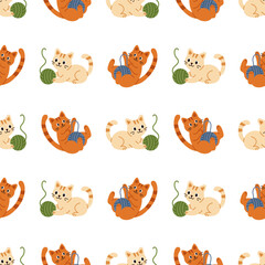 Obraz premium Vector seamless pattern with different cats playing with yarns. Cute cats with thread balls on white background. Seamless print with funny kittens.