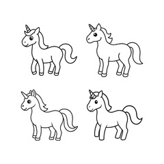 A set of cute unicorn line art vector illustration