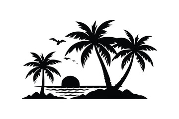 A tropical beach scenery silhouette vector art illustration