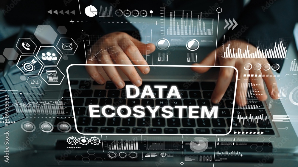 Poster business professional working on laptop with data ecosystem interface showcasing analytics and techn