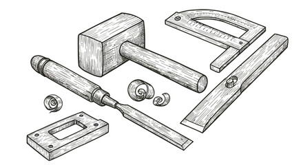 Hand drawn woodworking tools set with vintage charm and detailed sketch design