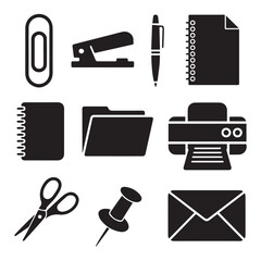 Fototapeta premium Collection of black and white silhouette icons representing reptiles and their habitat accessories for pet care
