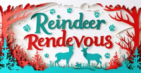 Festive scene depicts reindeer amidst papercut forest. Red, turquoise hues create winter wonderland vibe. Text reads Reindeer Rendezvous.