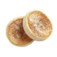 Two golden-brown English muffins with a dusting of flour, presented against a white background.