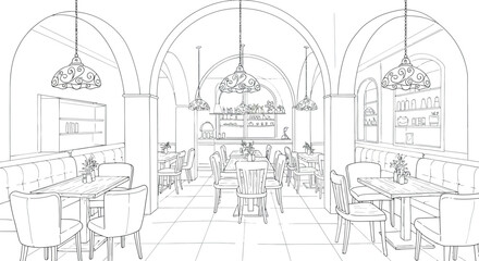 Obraz premium Cozy cafe interior sketch with arched ceilings and elegant lighting