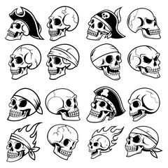 Black and White Pirate Skull Icon Set – Halloween Skeleton Head Vector Line Art Collection