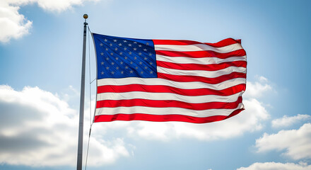 Obraz premium United States Flag Waving Proudly in the Wind with Blue Sky Background